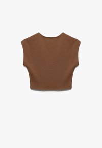 Brun kort ærmet top lavet af blødt materiale, med korte ærmer, en rund udskæring og en glat tekstur uden synlige mønstre.