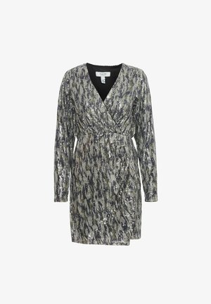 Kimalainen kimaltelevista kankaista valmistettu pitkähihaisista mekosta, jossa on hopea- ja mustakimalteet tekstuurilla, V-pääntie ja itse solmittava vyötärö.