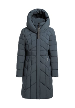 Gepolsterte jacke in dunkelgrau mit großer kapuze, diagonalem steppmuster, vorderem reißverschluss und logo-akzent. Verfügt über seitentaschen mit reißverschlüssen.