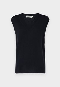 Maglione senza maniche blu navy lavorato a maglia con scollo a V, caratterizzato da orli e braccioli a coste. Realizzato in materiale morbido con una texture liscia.