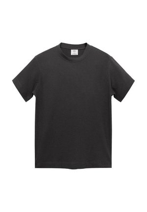 Black cotton T-shirt with short sleeves, round crew neck, straight hem, and a soft, smooth texture. No visible patterns or accents.