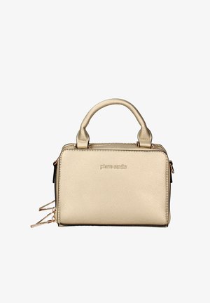 Borsa a tracolla in oro con texture, manici superiori doppi, chiusura con zip e dettagli brandizzati. Presenta tasche laterali con zip e forma rettangolare elegante.