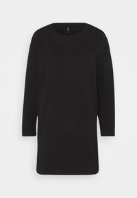 Černé dlouhé šaty s kulatým výstřihem. Zhotovené z hladkého materiálu, s volnějším střihem a mírně zúženými rukávy.