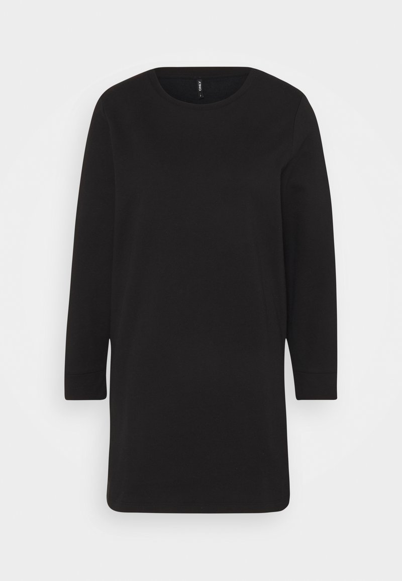 Černé dlouhé šaty s kulatým výstřihem. Zhotovené z hladkého materiálu, s volnějším střihem a mírně zúženými rukávy.