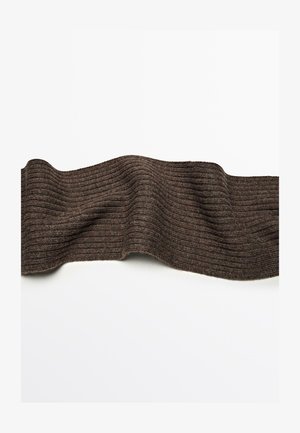 Ribbed brown textile fabric with a soft texture, featuring consistent vertical lines and a wavy form, laid flat against a white background.