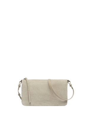 Beige Wildleder-Umhängetasche mit verstellbarem Riemen und Reißverschluss, vorne mit dezent geprägtem Markennamen Liebeskind Berlin.