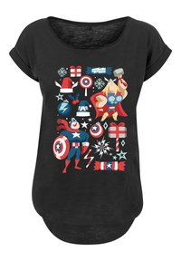 Black t-shirt featuring colorful cartoon designs of superheroes, gifts, and holiday elements, with a round neckline and casual fit.