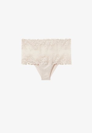 Beige lace high-waist women's underwear with floral pattern and smooth fabric on lower section, isolated on white background.