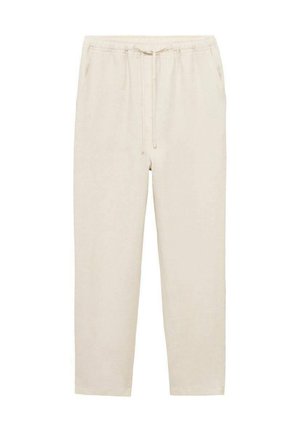 Light beige, relaxed-fit pants with an elastic waistband and drawstring, featuring side pockets and a cuffed hem.
