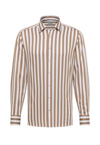 Gestreept shirt in beige en wit, voorzien van een button-down kraag, lange mouwen en een reguliere pasvorm. Gemaakt van soepele stof met verticale strepen.