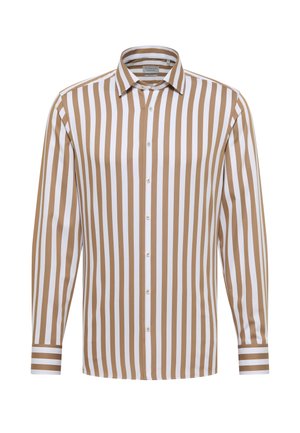 Gestreept shirt in beige en wit, voorzien van een button-down kraag, lange mouwen en een reguliere pasvorm. Gemaakt van soepele stof met verticale strepen.