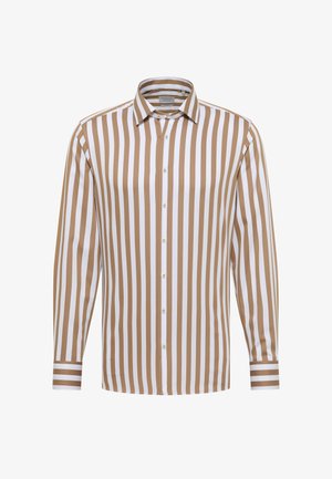 Gestreept shirt in beige en wit, voorzien van een button-down kraag, lange mouwen en een reguliere pasvorm. Gemaakt van soepele stof met verticale strepen.