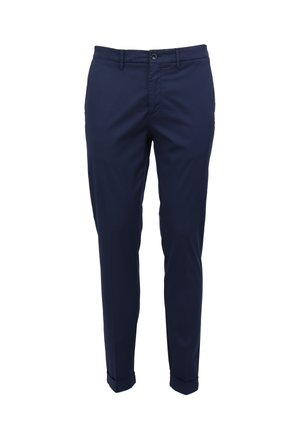 Marineblauwe broek van geweven stof, met een slim fit ontwerp, achterzakken en omgeslagen pijpen. Inclusief een sluiting met een knop aan de voorkant.