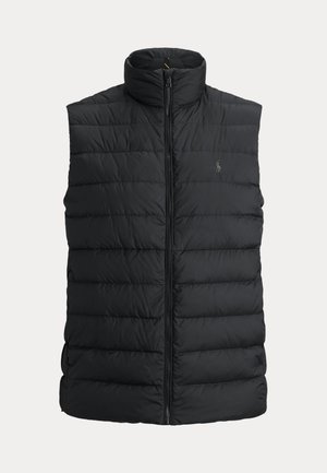 Svart vadderad väst med hög krage, med vertikal quiltad design, dragkedja framtill och liten logotyp på vänster bröst.