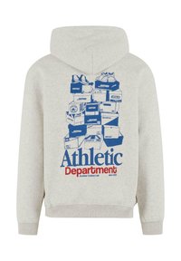 Light gray, cotton hoodie with a hood. Front features a blue graphic of stacked shoeboxes and the text “Athletic Department” in red.