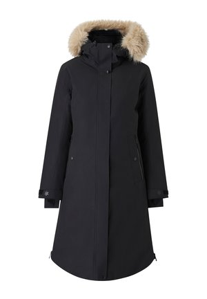 Zwarte parka met een met bont gevoerde capuchon, ritssluiting aan de voorkant, twee zijzakken en verstelbare manchetten. Glad, weerbestendig materiaal.