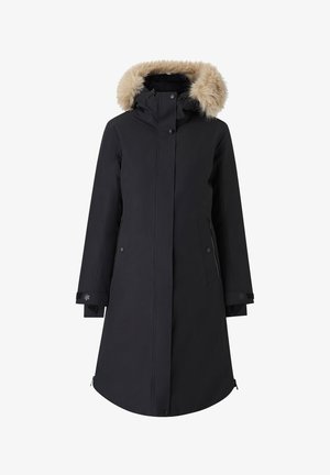 Zwarte parka met een met bont gevoerde capuchon, ritssluiting aan de voorkant, twee zijzakken en verstelbare manchetten. Glad, weerbestendig materiaal.