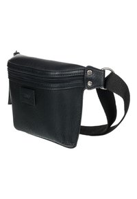 Sac en cuir synthétique noir avec une fermeture éclair sur le dessus, de forme rectangulaire, une bandoulière réglable et des accents métalliques sur le côté pour fixation.