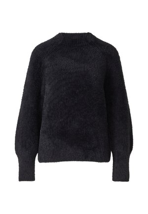 Donkerblauwe gebreide trui met een ribbelpatroon, ronde halslijn en lange mouwen. Gemaakt van een zachte, pluizige stof. Relaxte pasvorm.