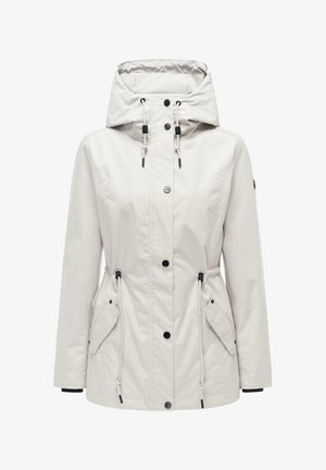 Giacca impermeabile con cappuccio beige chiaro, bottoni frontali, vita regolabile, coulisse per il cappuccio e due tasche frontali con patta.