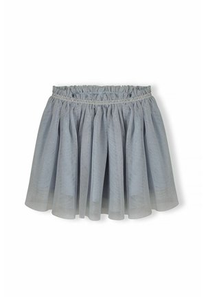 Jasnoniebieska, warstwowa spódnica z tiulu z marszczoną talią i subtelnym wzorem w srebrne kropki, o krótkim kroju w literę A.