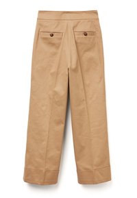 Khaki wijde benen broek gemaakt van een katoenmix. Heeft een hoge taille, twee achterzakken met knoopsluitingen en omgeslagen mouwen.