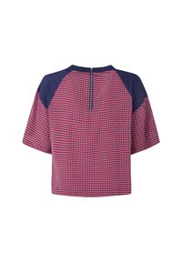 Short-sleeve blouse featuring a red and white patterned front, solid navy back, round neckline, and back zipper detail.