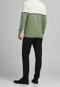 Man in een groen en witte ribgebreide trui met lange mouwen, zwarte broek en zwarte schoenen staat met zijn rug naar de camera op een effen achtergrond.