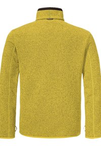 Gelbe Fleecejacke mit hohem Kragen, strukturiertem Material, kontrastierenden schwarzen Akzenten am Kragen und Saum sowie verstellbaren Bündchen.