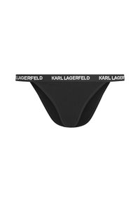 Čierne tangá z priedušného materiálu, minimalistického dizajnu a s bielym kontrastným logom "KARL LAGERFELD" na pásiku.