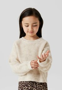 Pull en tricot côtelé beige clair avec un col rond, épaules tombantes et manches longues. Associé à une jupe à motif léopard brun, les mains détendues.