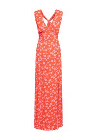 Maxi šaty v živé oranžové látce s růžovým květinovým vzorem. Mají hluboký výstřih do V, široké ramínka a boční rozparek pro pohodlný pohyb.
