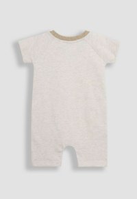 Rompers à manches courtes gris clair avec un col beige, présentant une texture douce et une coupe décontractée, conçu pour le confort et la liberté de mouvement.