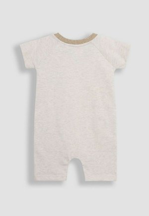 Giromper corto grigio chiaro con colletto beige, caratterizzato da una texture morbida e da una vestibilità comoda, progettato per il comfort e la libertà di movimento.