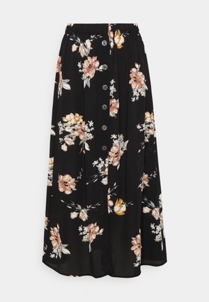 Jupe midi noire à fleurs avec une taille élastique, dotée de boutons sur le devant et d'un tissu lisse et léger orné de fleurs pêches et blanches.