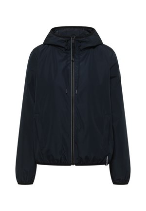 Veste à capuche noire zippée avec cordons de serrage, poches latérales, poignets élastiques et ourlet légèrement froncé.