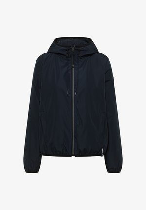 Veste à capuche noire zippée avec cordons de serrage, poches latérales, poignets élastiques et ourlet légèrement froncé.