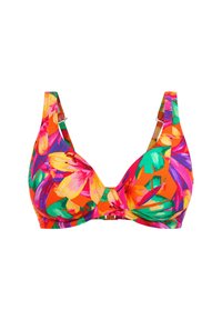 Top de bikini floral colorido que presenta vibrantes patrones en naranja, rosa y verde. Tela suave con tirantes ajustables y un diseño estructurado.