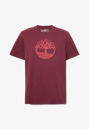 Maroon cotton t-shirt featuring a circular graphic of a tree with roots and a horizontal line, round neck, and short sleeves.