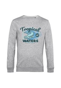 Šedá mikina s dlouhými rukávy, obsahující text "Tropical Waters" a grafiku žraloka kladiváka v modrých odstínech.