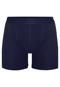 Marineblå bokser-shorts lavet af blød stof, med en tætsiddende elastisk talje og en kropsnær pasform uden synlige mønstre eller hardware.