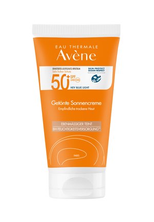 Avène tinted sunscreen tube, SPF 50+, for sensitive dry skin, offers broad-spectrum UV and blue light protection, 8-hour hydration.