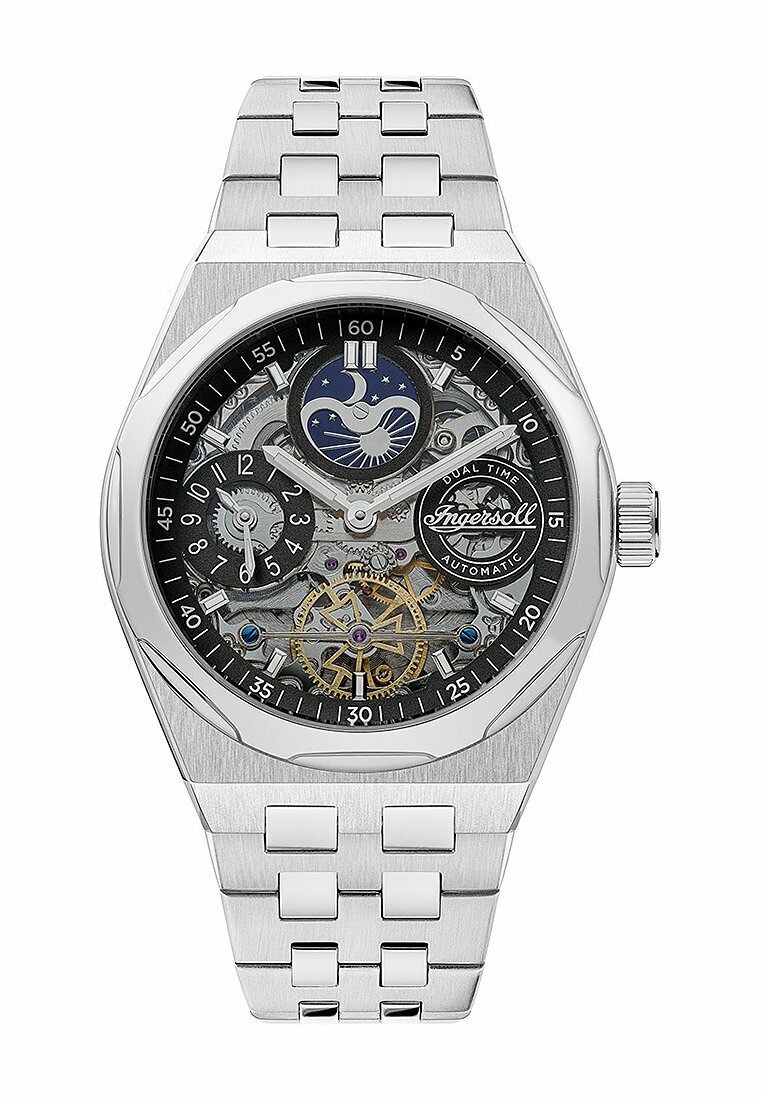 Montre en acier inoxydable avec un cadran squeletté noir présentant des fonctions de double heure, des accents argentés et un tourbillon en ton doré.