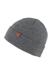Szary dziany beret z podwiniętym brzegiem, z małą brązową skórzaną metką. Wykonany z miękkiego, elastycznego materiału o prążkowanej teksturze.