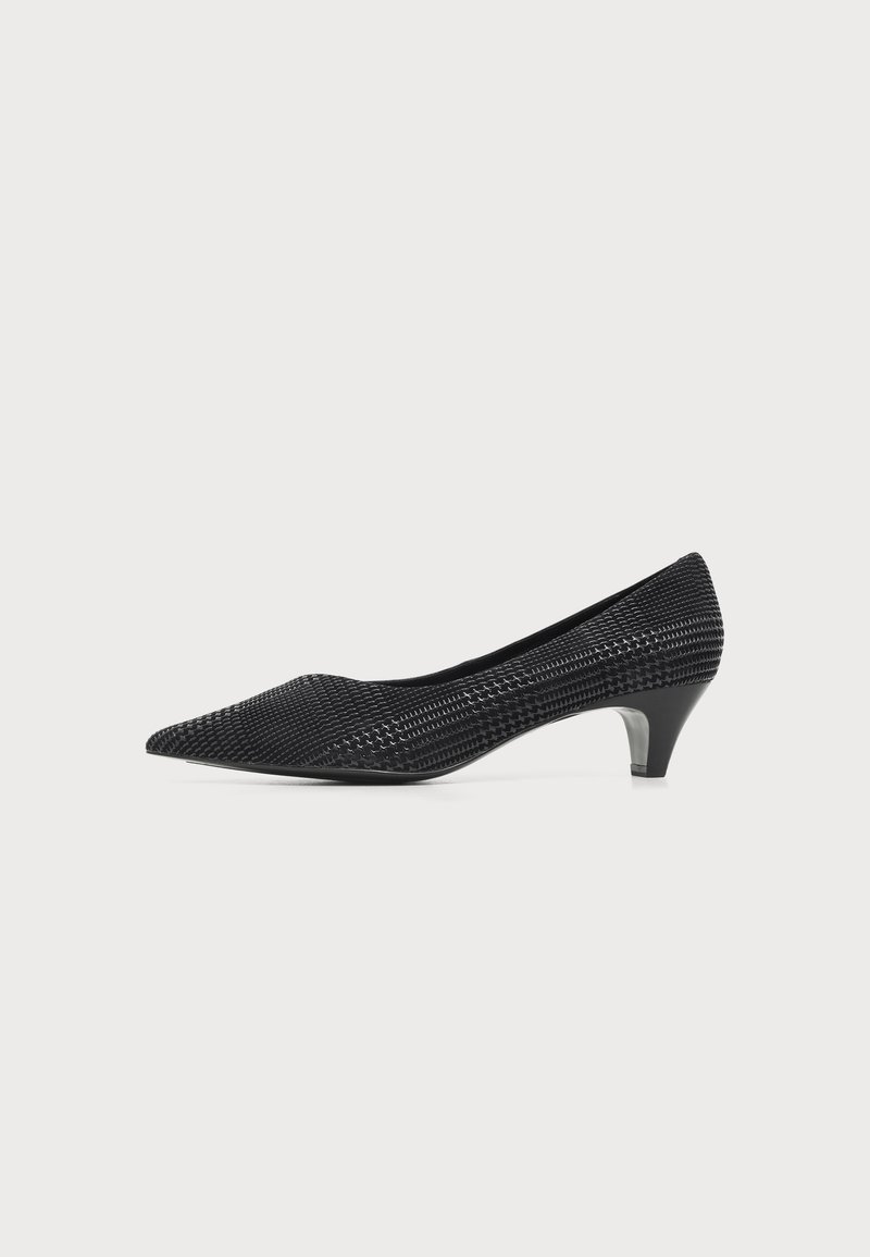 Escarpin noir texturé à talon bas et bout pointu avec un motif tissé brillant, présenté sur un fond blanc uni.