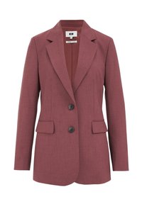 Mörkröd skräddarsydd blazer i texturerad tyg, med slagkrage, två framfickor och två knappstängningar.