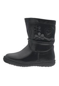 Černé kotníkové boty s volným designem, zdobené embosovanými květinovými a srdíčkovými vzory, vyrobené z hladké kůže a s texturovanou gumovou podrážkou.