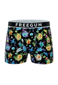 Boxers noirs à motif floral, ornés de fleurs colorées dans diverses teintes. La taille met en avant le nom de la marque "FREEGUN" en blanc.
