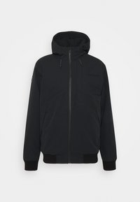 Sort hoodiejakke lavet af et glat materiale, med en frontlynlås, elastiske manchetter og en let glans med minimalistiske design detaljer.