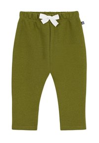 Groene katoenen leggings met een elastische tailleband, voorzien van een witte strikdetail aan de voorkant. Glad materiaal, full-length ontwerp.